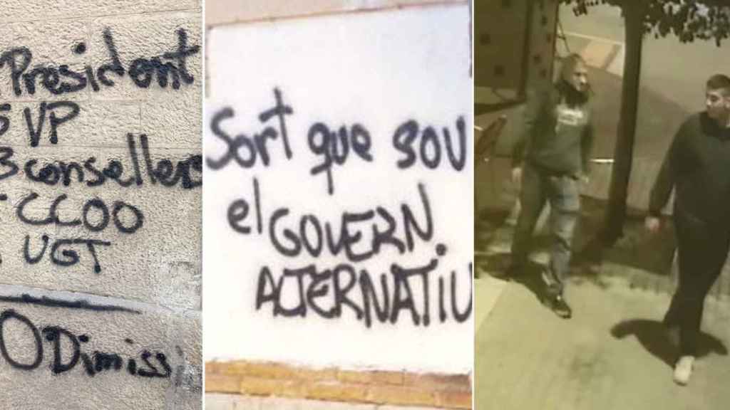 A la izquierda y en el centro, dos de las pintadas en el Consejo Comarcal de L'Anoia; a la derecha, dos de los presuntos integrantes del grupo