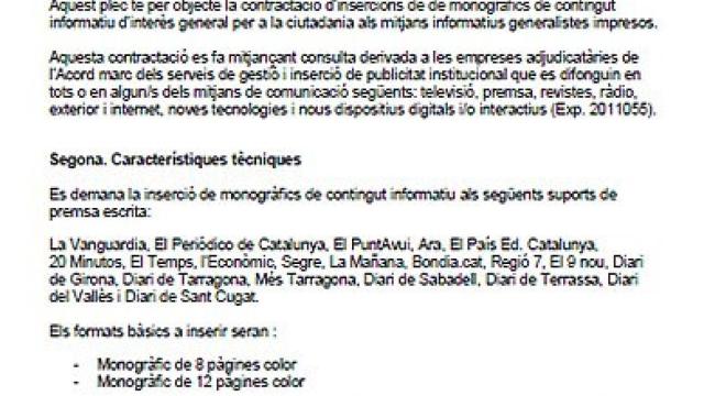 Detalle del pliego de prescripciones técnicas en el que figura la lista de medios de comunicación que se repartirán los 2,7 millones de euros en publicidad de la Generalidad
