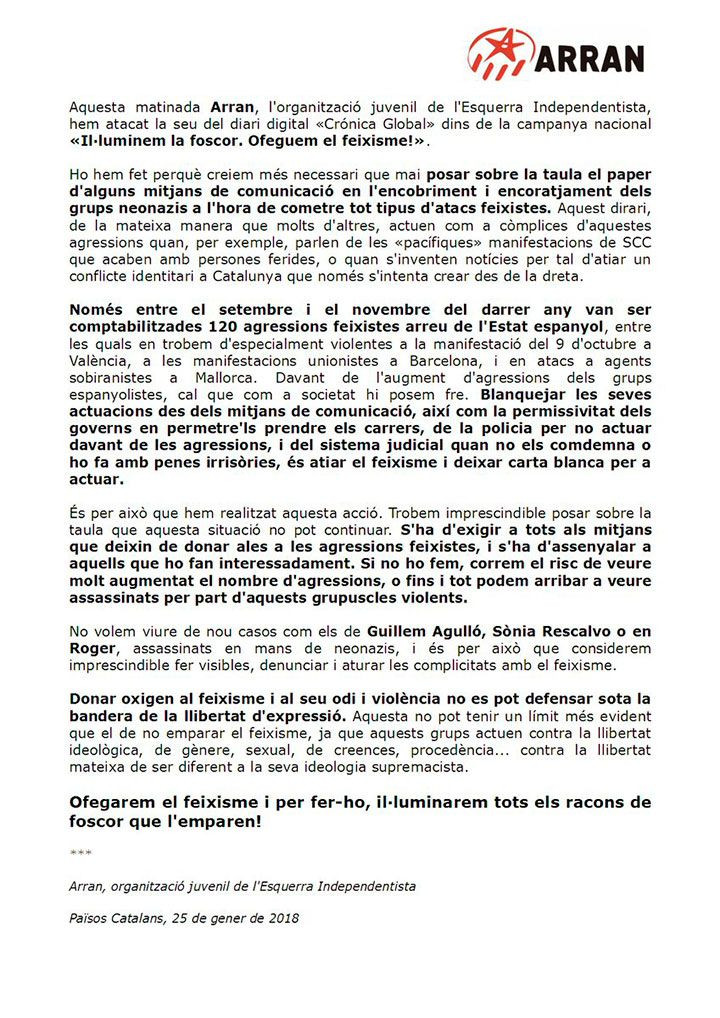 Comunicado de Arran en el que justifica el ataque a Crónica Global / ARRAN