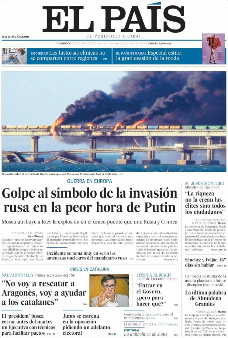 Portada de 'El País' del 9 de octubre de 2022 / KIOSKO.NET