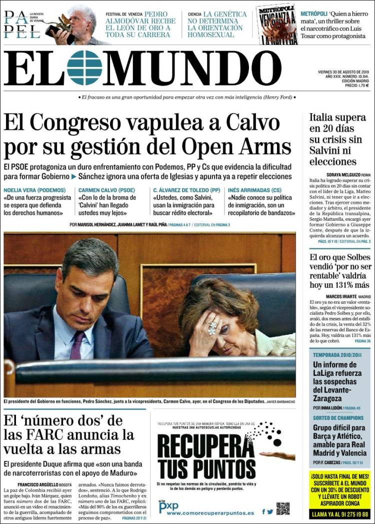 Portada de 'El Mundo' del viernes 30 de agosto