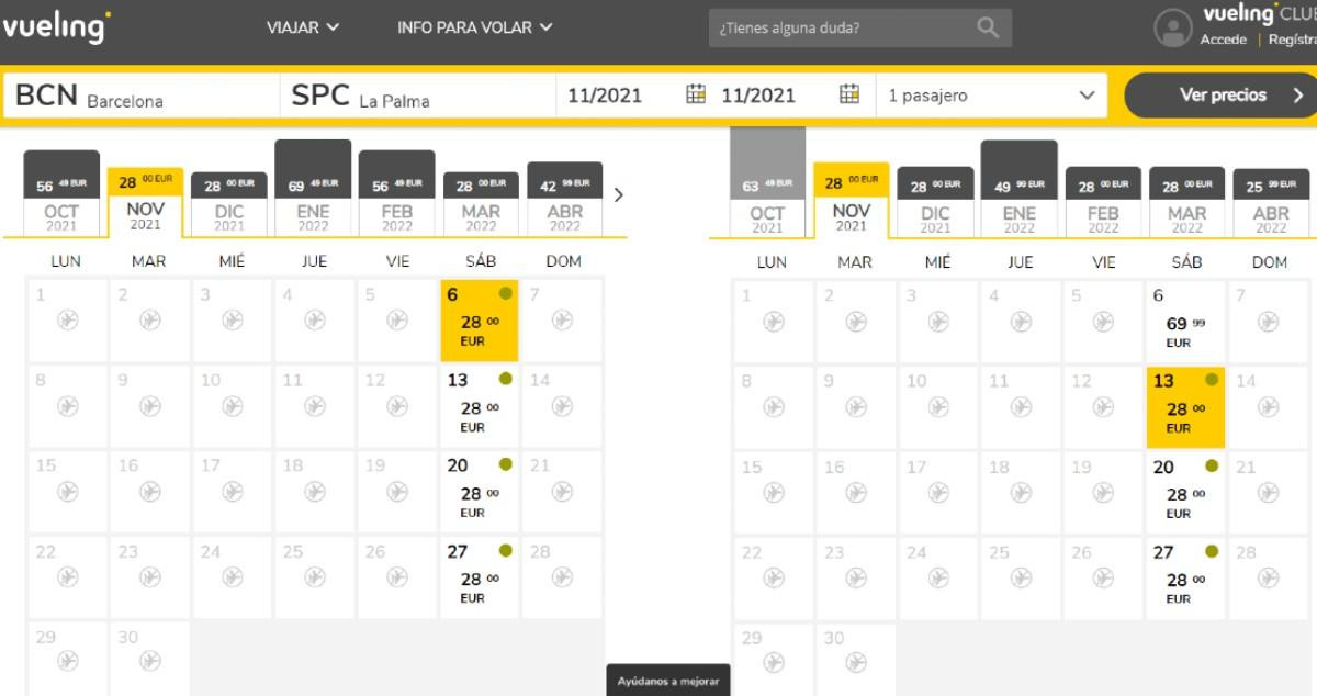 Calendario de tarifas /VUELING