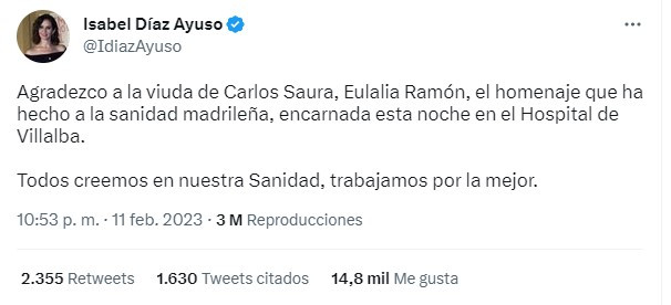 Tweet de Isabel Díaz Ayuso