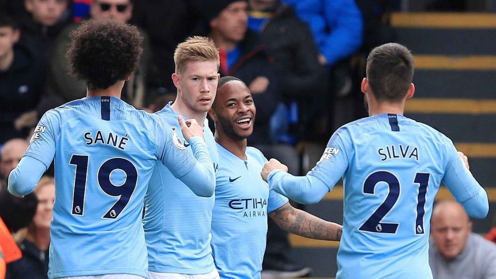 Sané, De Bruyne, Sterling y Silva celebrando un gol con el City / EFE