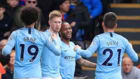 Sané, De Bruyne, Sterling y Silva celebrando un gol con el City / EFE