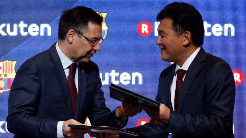 Una foto de Josep Maria Bartomeu y Hiroshi Mikitani, ambos presidentes del Barça y Rakuten respectivamente / Twitter