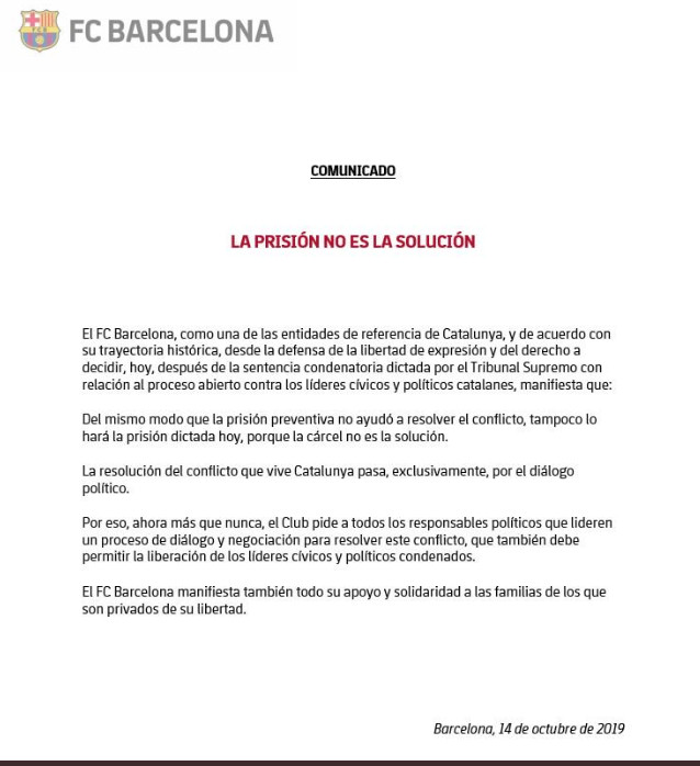 Comunicado del FC Barcelona sobre la sentencia de los políticos presos / FC Barcelona