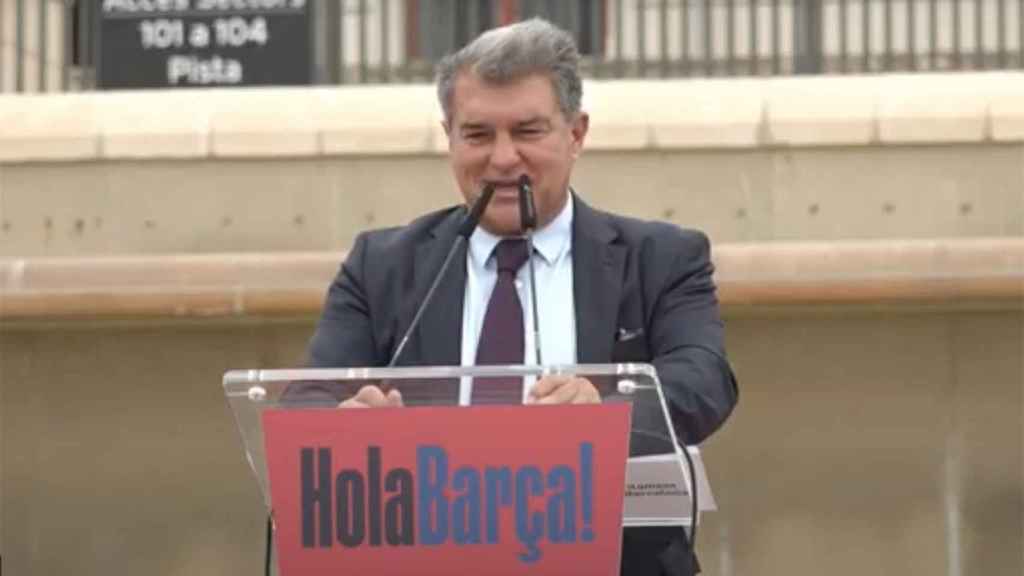 Joan Laporta, durante la presentación del acuerdo para jugar en el Olímpic / Captura Culemanía