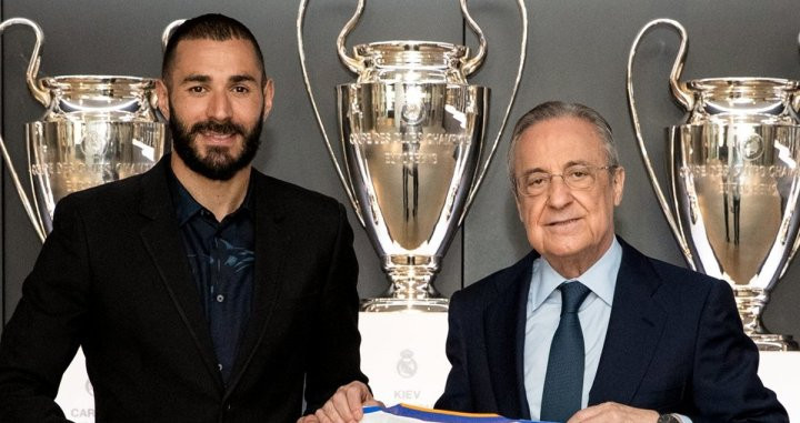 Karim Benzema y Florentino Pérez, en el anuncio de la renovación / Real Madrid