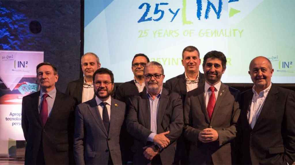 El exconsejero Felip Puig (d) junto a Jordi Puigneró y Pere Aragonès en el 25 aniversario de la consultora IN2