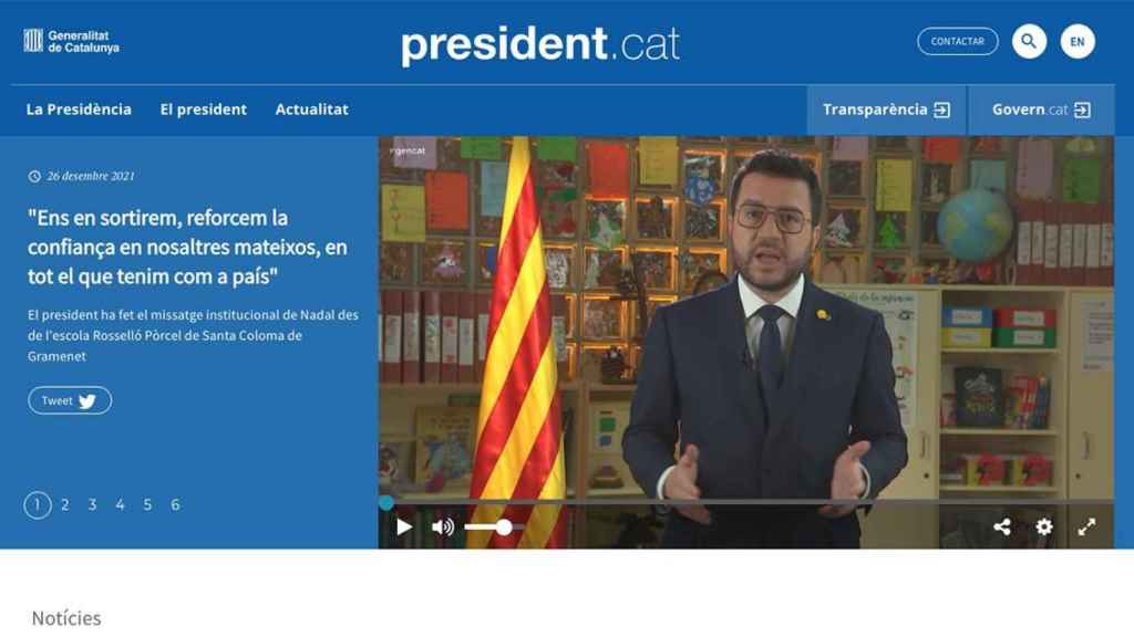 Web del presidente de la Generalitat Pere Aragonès, con preminencia del catalán en detrimento del castellano y el aranés