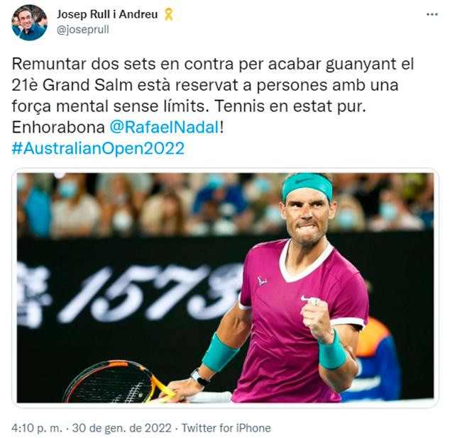 La felicitación de Josep Rull a Rafa Nadal