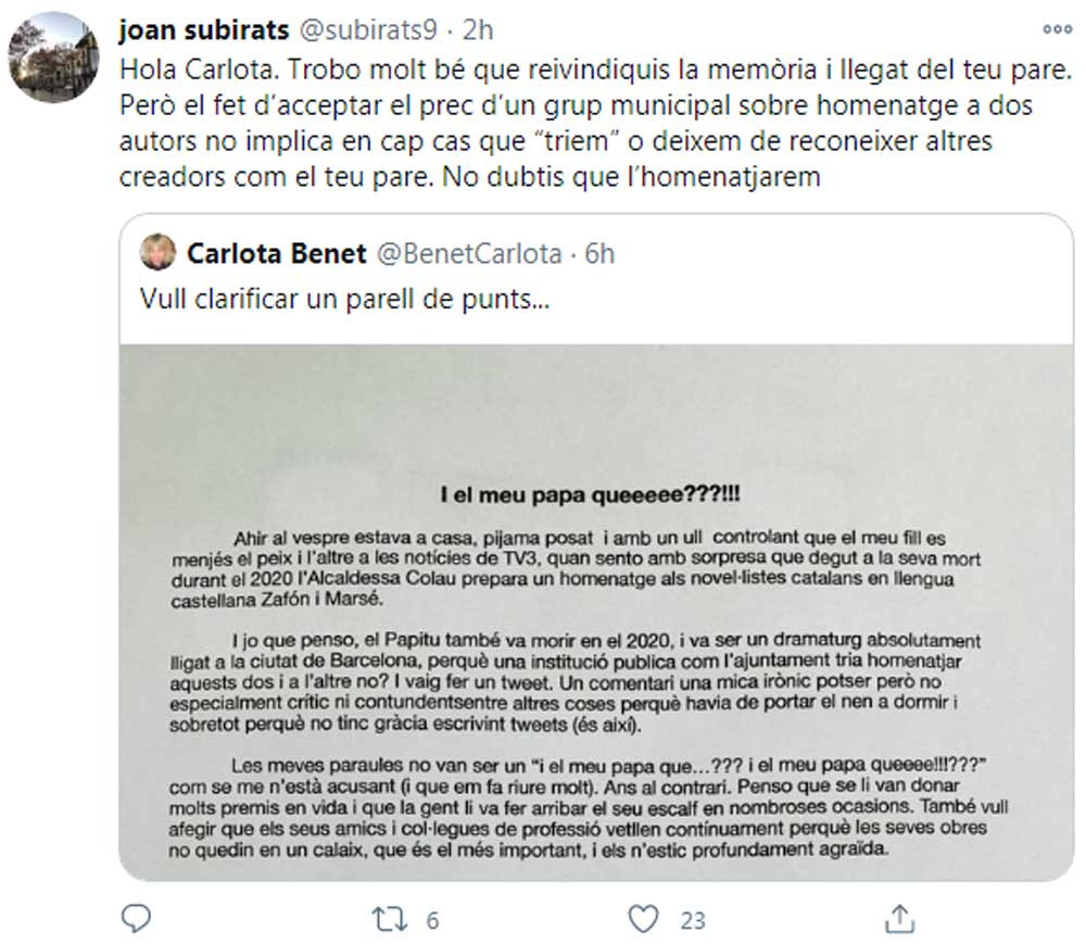 Respuesta de Joan Subirats a Carlota Benet en Twitter