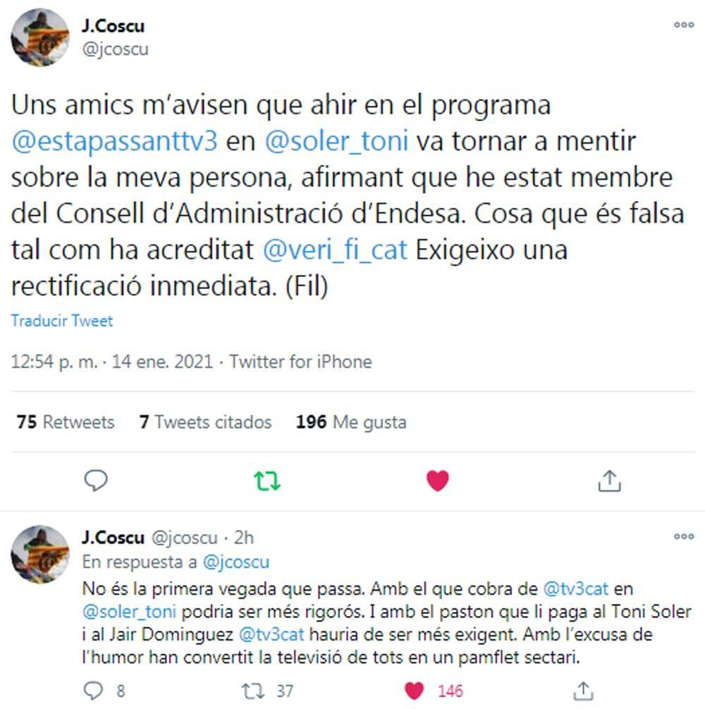 Joan Coscubiela, defendiéndose de los bulos de TV3 en su perfil de Twitter