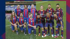 Un grupo de amigos y el primer equipo del Barça en el Camp Nou / FC BARCELONA