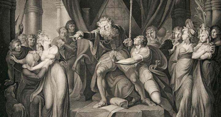 El rey Lear reniega de su hija Cordelia. Grabado de John Boydell