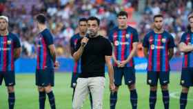 Xavi Hernández, en su discurso frente a los aficionados del Barça, durante el trofeo Joan Gamper / FCB