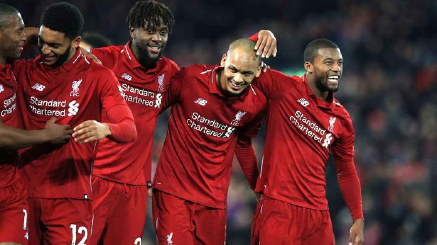 Gomez, Origi, Fabinho y Wijnaldum celebrando el pase a semifinales / EFE