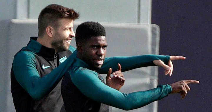 Umtiti y Piqué, durante un entrenamiento del Barça/ FCB