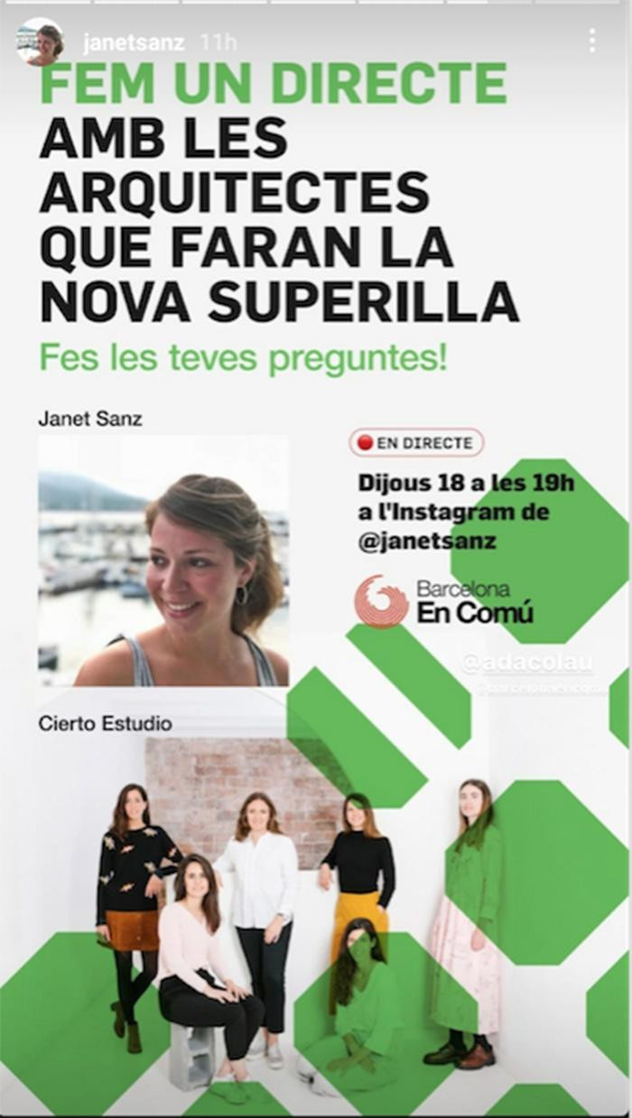 Anuncio que Janet Sanz hizo de su directo en Instagram con las arquitectas de la 'superilla'