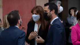 El presidente de la Generalitat, Pere Aragonès, junto a los dos últimos presidentes del Parlament: Laura Borràs y Roger Torrent, en una imagen de archivo / EUROPA PRESS