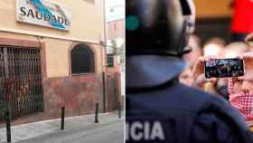 La Agrupación Cultural Saudade de Barcelona y un CDR asediando el centro durante la visita de Albert Rivera en octubre de 2019 / FOTOMONTAJE CG