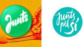 Logos de la campaña de la 'canción del verano' de TV3 y Catalunya Ràdio (izquierda), y de la candidatura conjunta independentista de CDC y ERC (derecha)