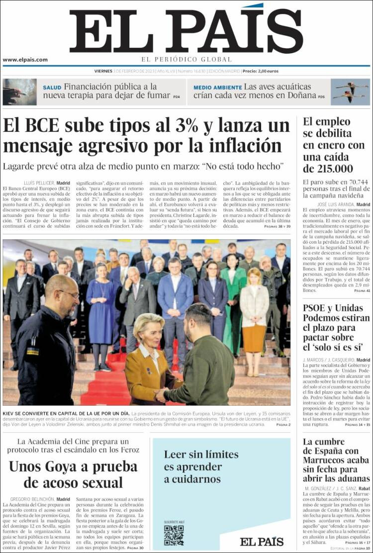 Portada de 'El País' del 3 de febrero de 2023