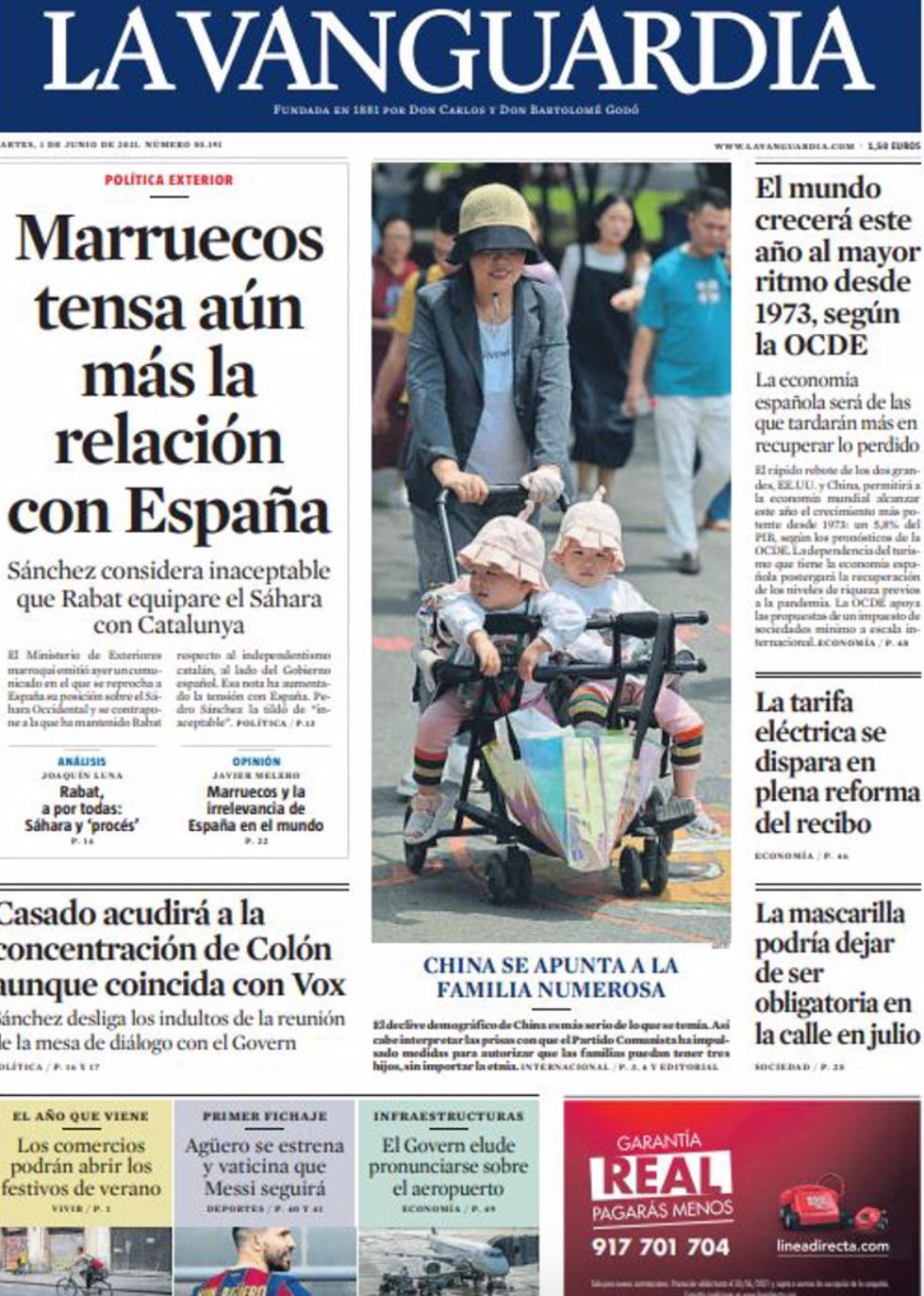Portada de 'La Vanguardia' del 1 de junio de 2021 / LA VANGUARDIA