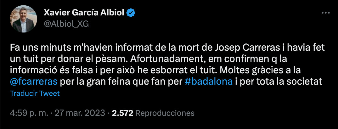 Tweet de Xavier García Albiol disculpándose por el error del anuncio de la muerte de Carreras