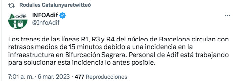 Mensaje de Adif sobre los retrasos en las líneas R1, R3 y R4 de Rodalies / TWITTER