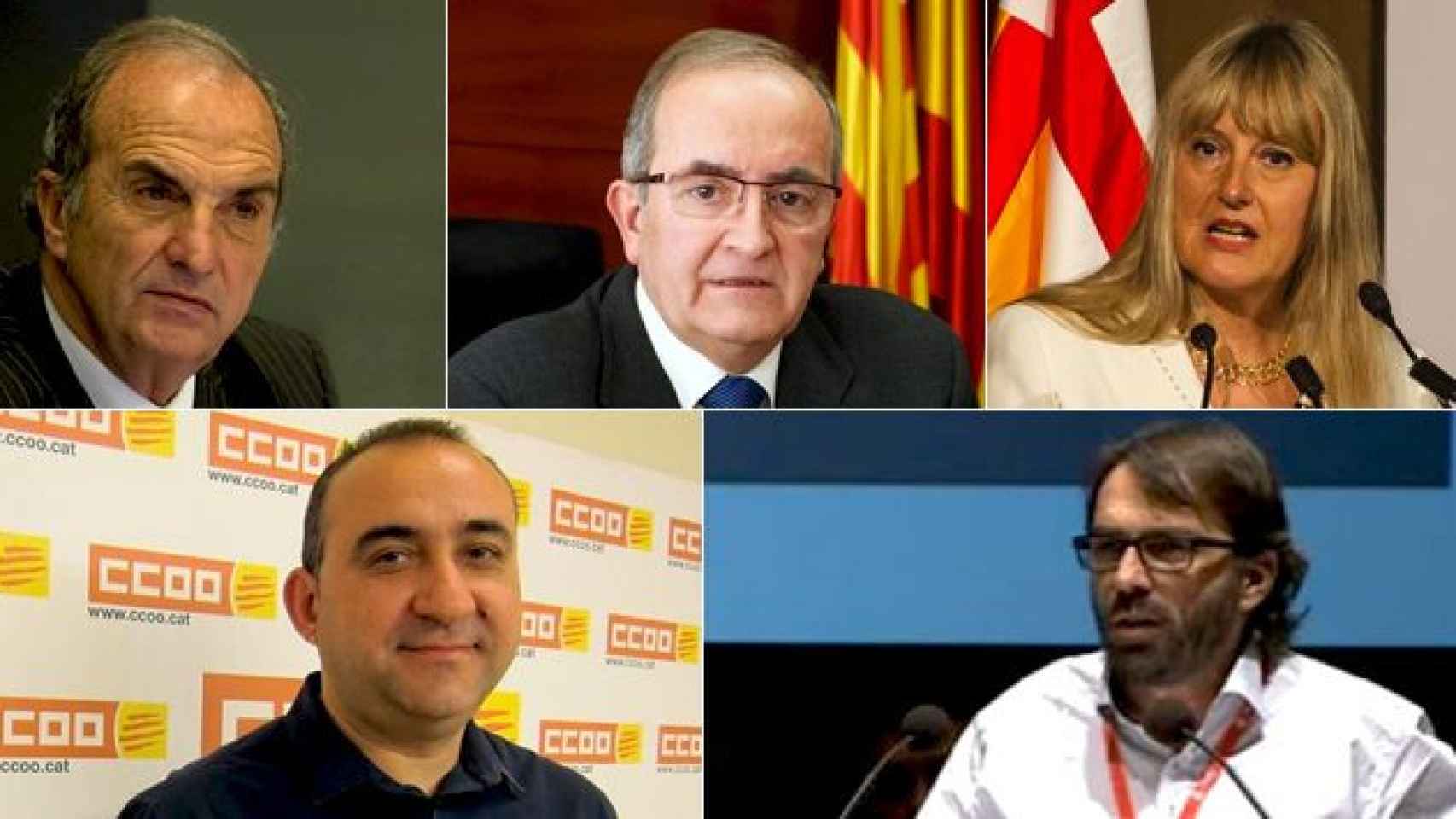 Los impulsores del pact sobre convenios catalán, Joaquim Gay de Montellà (Foment del Treball); Josep González (Pimec); María Helena de Felipe (Fepime); Javier Pacheco (CCOO); Camil Ros (UGT) / FOTOMONTAJE DE CG