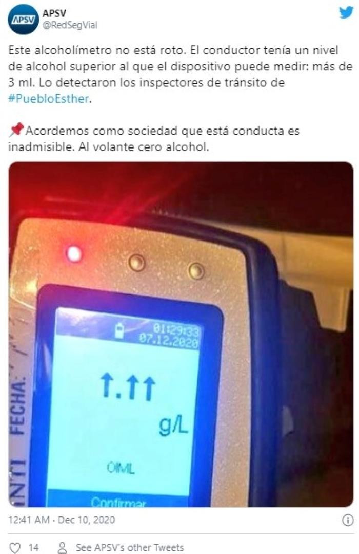 El tuit de la APSV con el alcoholímetro reventado / TWITTER