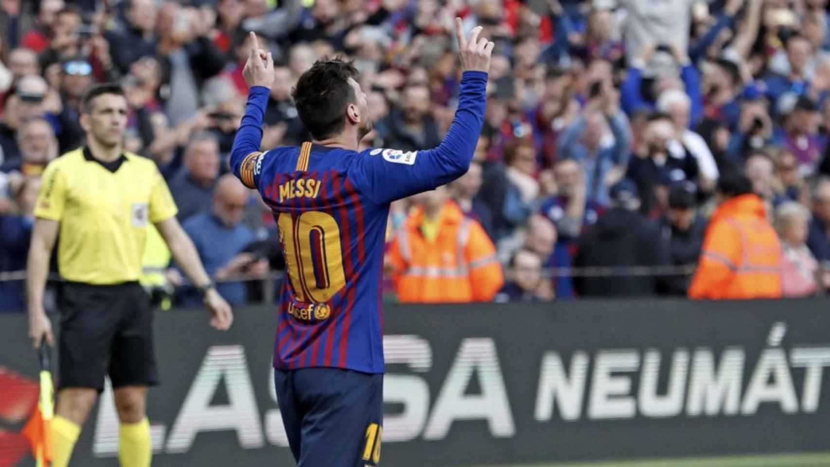 Una foto de Leo Messi celebrando uno de sus goles contra el RCD Espanyol / FCB