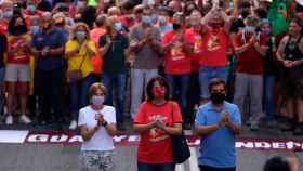 La presidenta de la ANC, Elisenda Paluzie, junto a sus antecesores en el cargo Carme Forcadell (i) y Jordi Sànchez (d) durante la Diada del 2021 / EFE