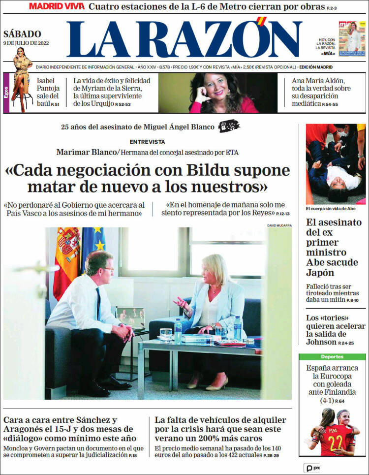 Portada de 'La Razón' del 9 de julio de 2022