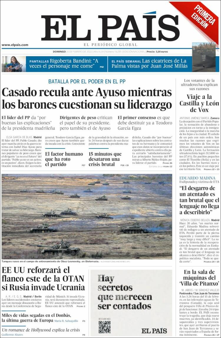 Portada de 'El País' del 20 de febrero de 2022 / KIOSKO.NET