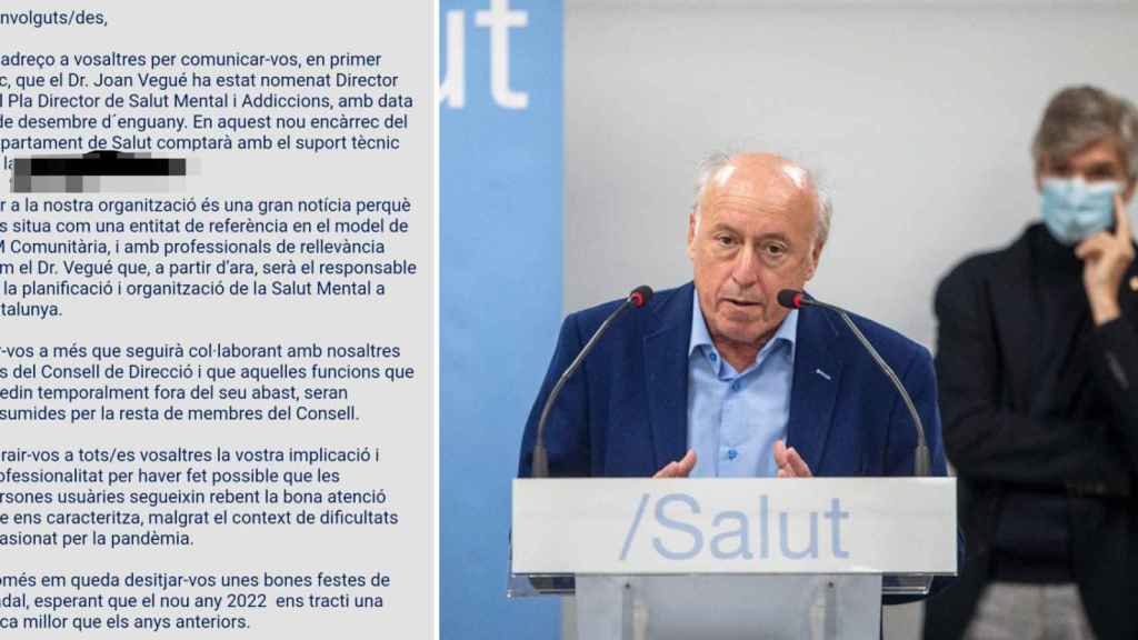 Joan Vegué, director del Plan de Salud Mental, y el mail que atestigua que siguió en CPB hasta diciembre de 2021 / CG