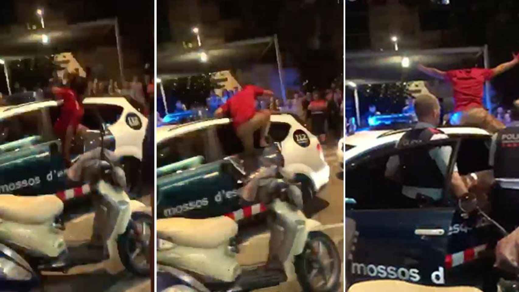 Un hombre escapa por la ventanilla de un coche patrulla de los Mossos tras romperla a patadas / FOTOMONTAJE CG