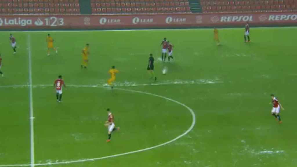 Imagen del partido Nástic-Alcorcón de esta tarde que ha tenido que ser suspendido por las lluvias / TV3