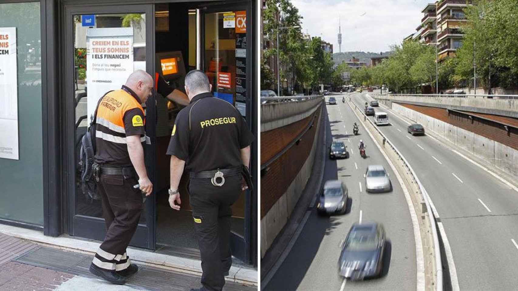 Dos miembros de seguridad entran en la sucursal bancaria en la que se ha producido el apuñalamiento, al lado del punto de General Mitre por donde se ha tirado el agresor.