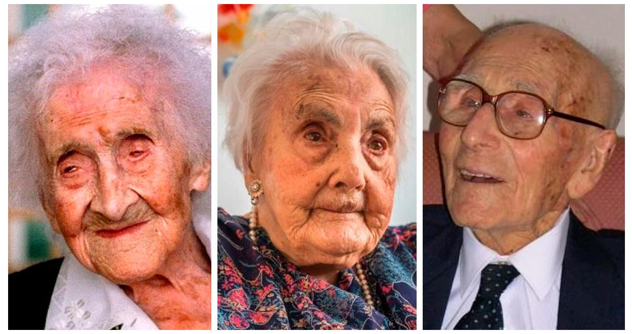 Jeanne Calment (i), la persona más longeva del mundo; y Ana María Vela Rubio y Joan Riudavets Moll, los más longevos de España / FOTOMONTAJE DE CG