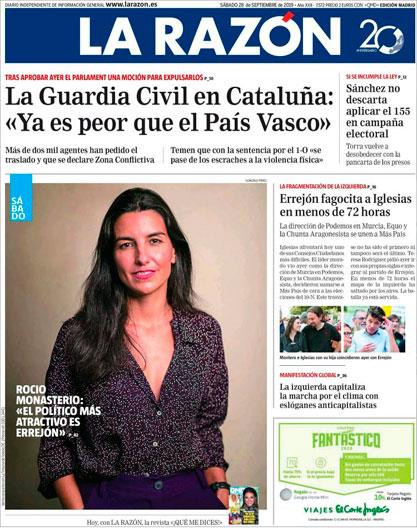 En el plano nacional, La Razón destaca que más de 2.000 agentes de la Guardia Civil establecidos en Cataluña han pedido el traslado tras los últimos acontecimientos y resoluciones políticas en el Principado. Escribe Javier Gallego: El clima político, según denuncian en el seno del cuerpo policial, se ha hecho muy complicado en los últimos dos años hasta el punto de que en torno a 2.300 agentes destinados en la autonomía, que son cada vez menos por el vacío competencial que ha generado el traspaso de muchas de las funciones a los Mossos d’Esquadra, quieren abandonar Cataluña, según cifras de la Asociación Unificada de Guardias Civiles (AUGC), lo que representaría dos tercios de los efectivos. El Instituto Armado tiene ahora 3.549 agentes en toda la autonomía, según los últimos datos oficiales (1.960 en Barcelona; 556 en Girona; 431 en Lleida; y, 602 en Tarragona) –de los que se estima que tan solo unos 150 son catalanes, el resto procede de otros puntos de España–.