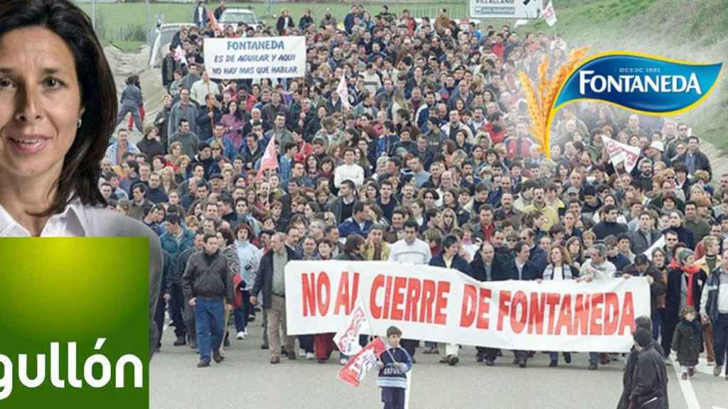 Lourdes Gullón Rodríguez, la presidenta del Galletas Gullón junto a una de las protestas por el cierre de Fontaneda en Aguilar del Campo / CG