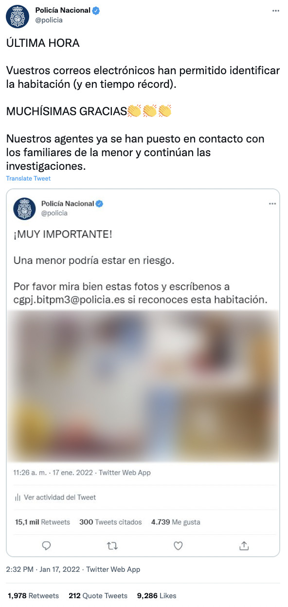 Publicación de la Policía en Twitter / @policia