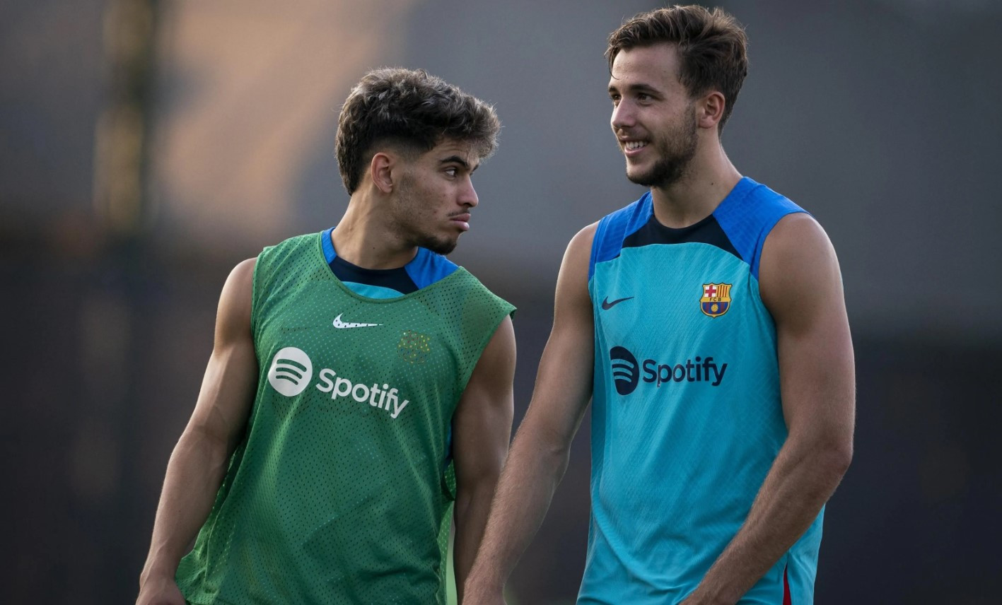 Abde y Nico González, durante un entrenamiento del Barça / FCB