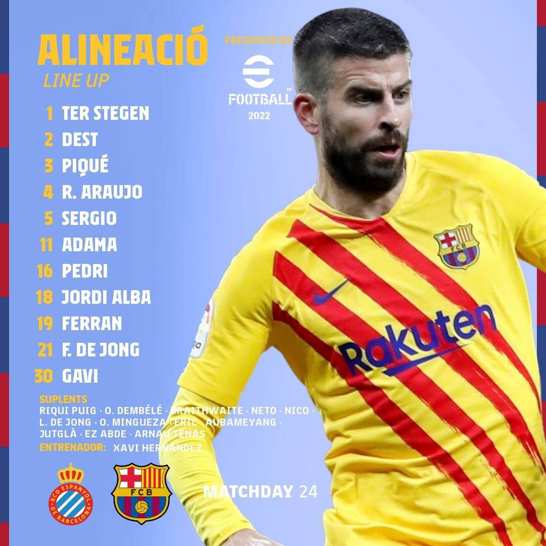 La alineación del FC Barcelona para enfrentarse al Espanyol / FCB