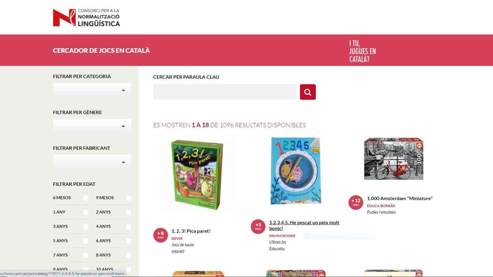 Buscador de juegos en catalán del consorcio de normalización lingüística, adscrito a la Consejería de Cultura de la Generalitat, y lanzado esta Navidad de 2020 / CPNL