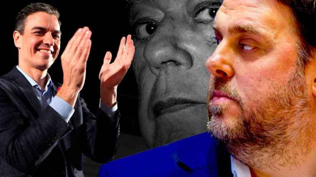 Pedro Sánchez y Oriol Junqueras bajo la mirada de Jordi Pujol / CG