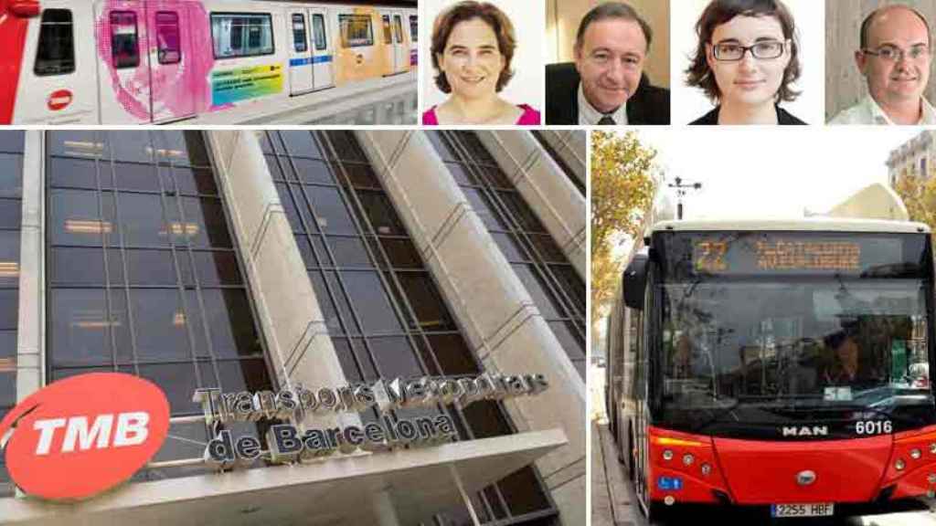 Diferentes imágenes de la sede de TMB y de sus principales divisiones de transporte. Arriba, Ada Colau (alcaldesa), Antoni Poveda (vicepresidente), Mercedes Vidal (presidenta) y Enrique Cañas (CEO).